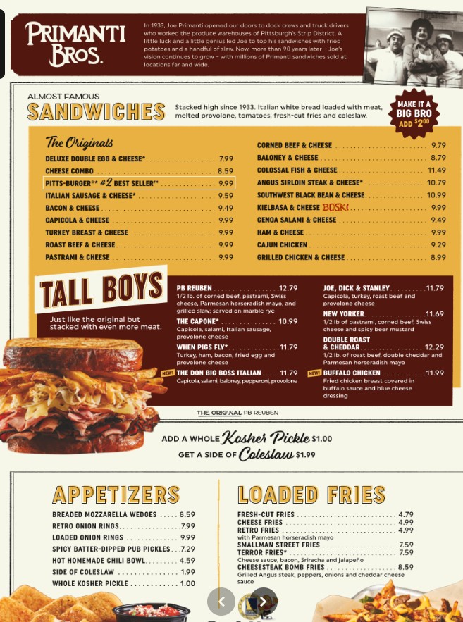 Primanti Bros. Restaurant and Bar Restaurant Menu | Famous Sandwiches ...